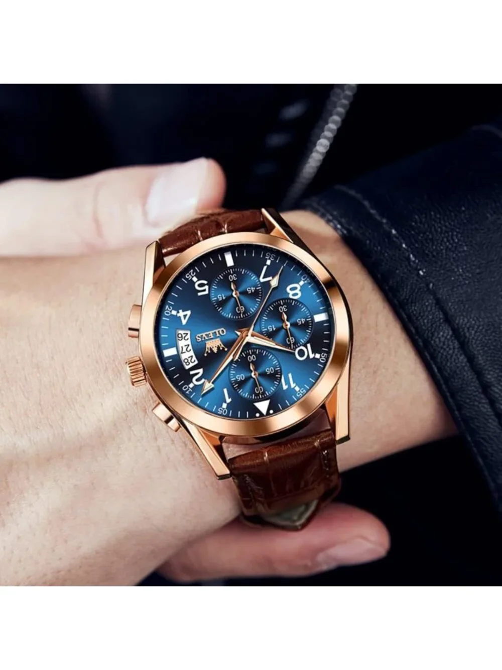 Stylish Brown Leather Men's Watch, Large Face Chronograph, Waterproof Analog
